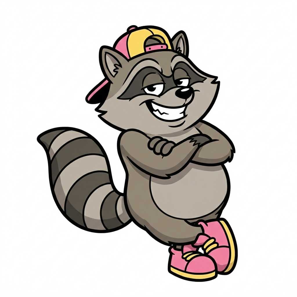 Sloppy the raccoon — arms crossed, cap on, dripping confidence