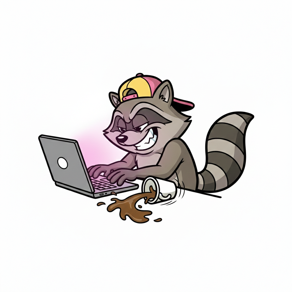 Raccoon typing at a laptop